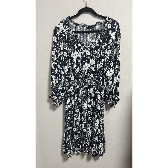 Talbots Floral Ruffle Collar Dress Long Sleeve Elastic Waist Fit & Flare Large - Picture 1 of 7
